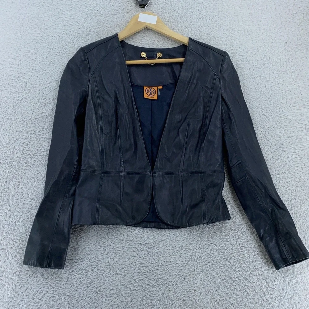 Tory Burch Leather Blazer Jacket Womens 2 CROP FIT Blue Fitted‎ Lined Minimalist